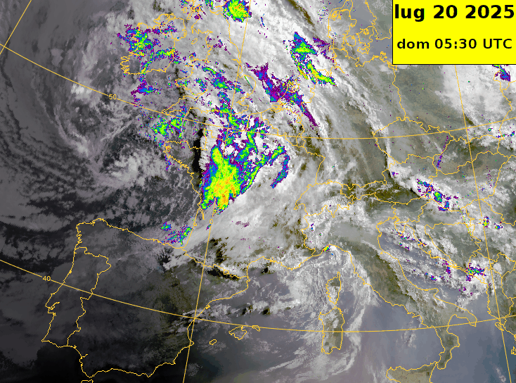 Animazione di MeteoSat Third Generation (MTG) True color e delle precipitazioni (composito radar europeo). 