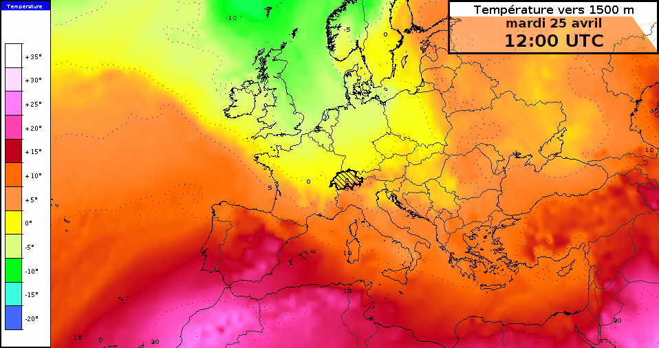 Evoluzione della temperatura a livello di 850 hPa (~1500 m) in Europa nei prossimi 10 giorni. Valori fino a 25 °C sono attesi sull'Andalusia giovedì 27 aprile, mentre rimangono tra 4 e 8 °C sulla Svizzera. 
