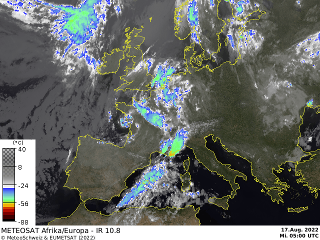 Figura 1: Animazione satellitare delle ultime ore, dalle 7 alle 13 di oggi. I colori rappresentano la temperatura della sommità delle nuvole, quelli tendenti all’arancione – rosso indicano attività temporalesca intensa. Fonte: Eumetsat/MeteoSvizzera