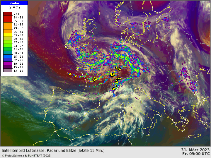  Fig. 1:  Animazione satellitare sull'Europa dalle 11 alle 17 ora svizzera. I colori rappresentano l'intensità delle precipitazioni stimata da radar, i punti gialli le scariche elettriche.
