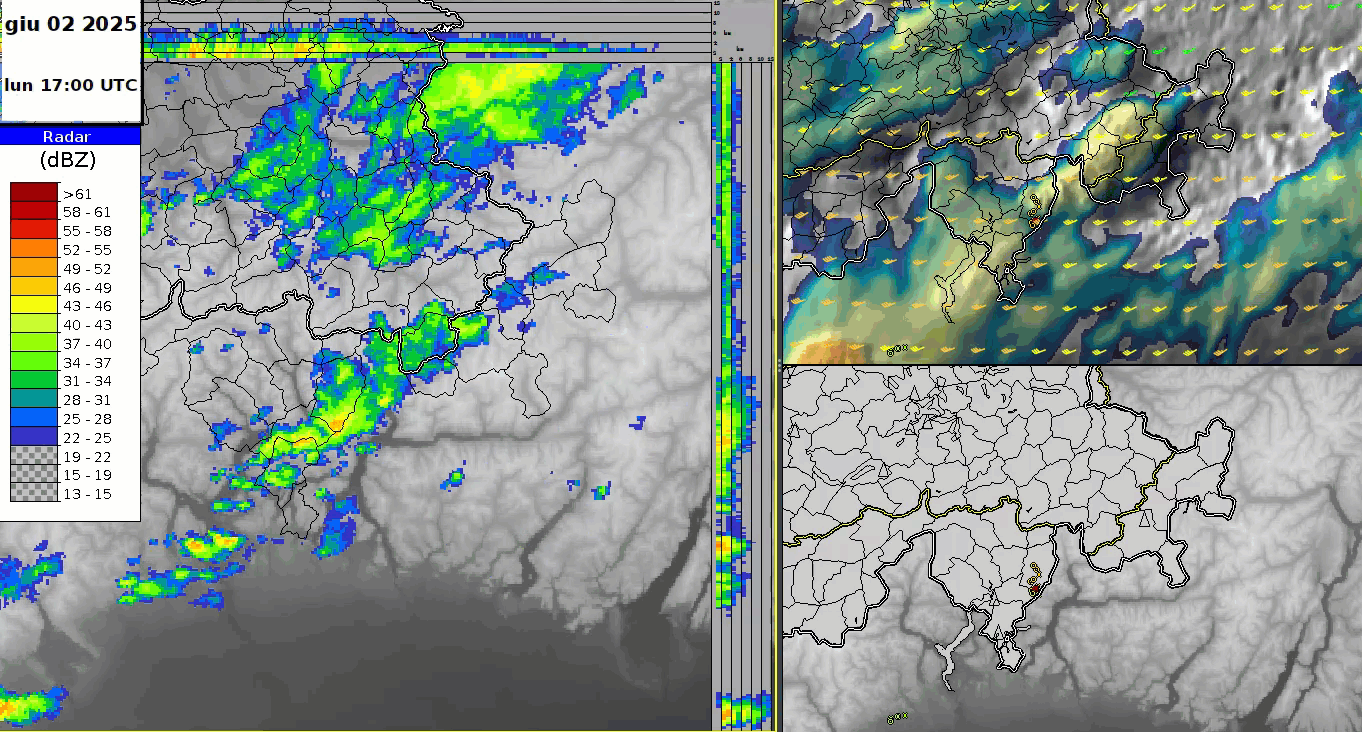 Fig. 3: Animazione [notte tra il 2 e il 3.6.2025] della misura radar (sinistra), immagine satellitare MTG IR sandwich/10.5 con vento dal modello (in alto a destra) e TRT con allerte automatiche per temporali violenti (in basso a destra). NinJo@MCH