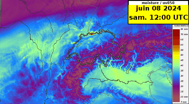 Precipitazioni in mm da sabato mezzogiorno a domenica mezzanotte previste dal modello ICON-2-CTRL. 