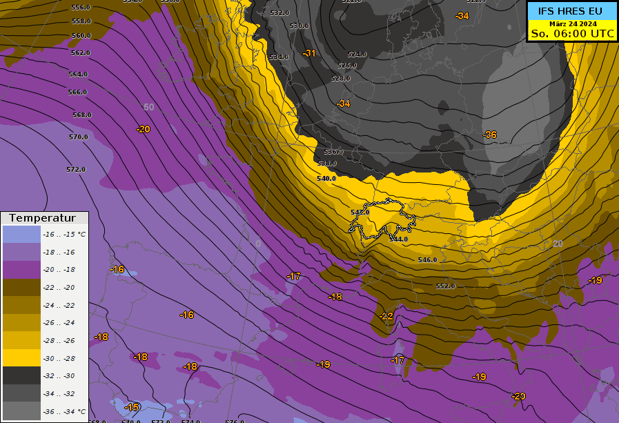 Animazione del geopotenziale a 500 hPa (attorno a 5440 metri) e dell'aria fredda presente in quota fra domenica 06 UTC e lunedì 00 UTC. Nel corso della giornata, in particolare a nord delle Alpi, transiterà un’altra ondata di aria fredda in quota (visibile nelle colorazioni grigio scuro).