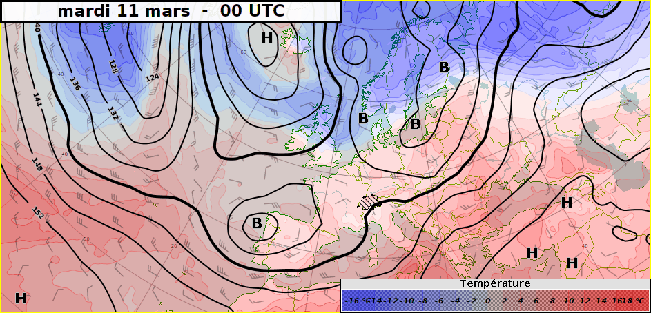 Animazione delle mappe che prevedono le temperature a 850 hPa (circa 1500 m) fino all'inizio della prossima settimana. Il flusso di aria polare marittima proveniente dal nord della Scandinavia invade l'Europa nord-occidentale con il passare dei giorni.