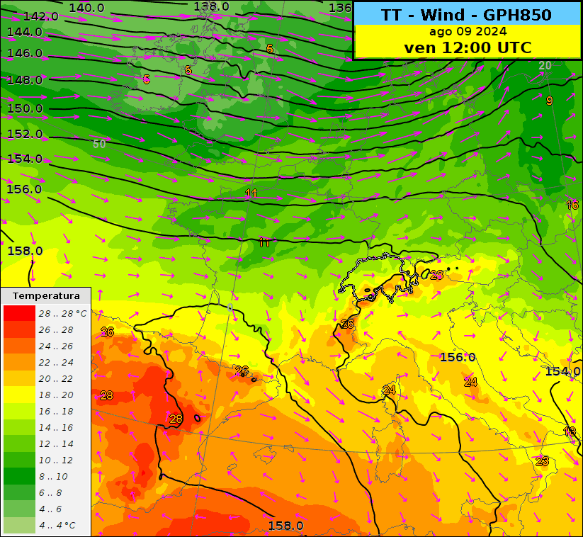 Due mappe dell'Europa centrale con campo del vento e della temperatura a diversi livelli.