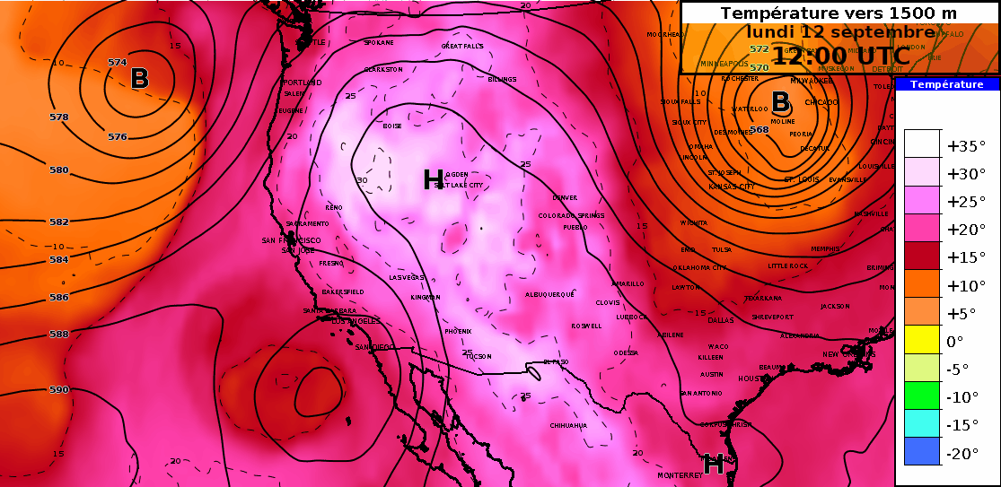 Fig. 2: Temperatura a 850 hPa (1500 m) nelle macchie colorate e geopotenziale a 500 hPa (5500 m) nelle linee nere, previste dal modello IFS dall'11 al 19 settembre 2022. Fonte: IFS@ECMWF