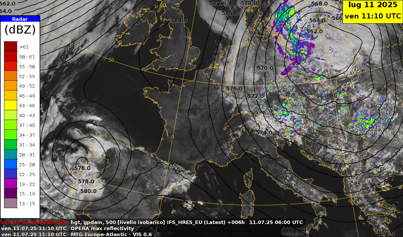 Fig. 1: animazione delle immagini satellitari Meteosat, con sovrapposte le precipitazioni rilevate dal radar e il geopotenziale a 500 hPa (circa 5700 m) 