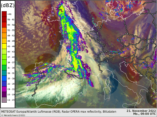 Animazione satellitare delle nuvole e immagini dei radar meteorologici delle precipitazioni oggi fra le 11 e le 17 ora locale. Fonte: MeteoSvizzera/Eumetsat /Opera.