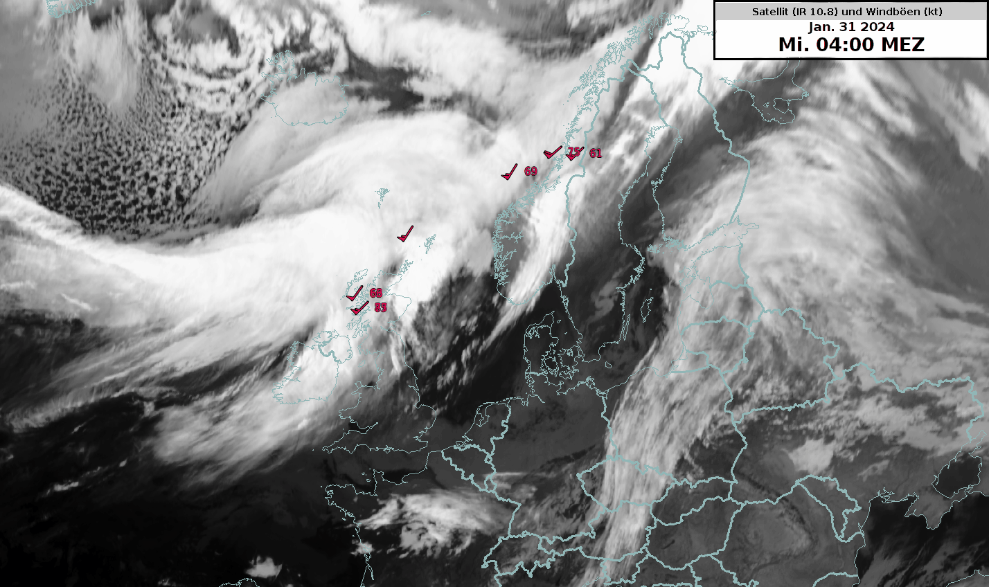 Immagine satellitare e raffiche di vento (in nodi kt) dal 31.1.2024, ore 04:00 al 1.2.2024, ore 10:00. È possibile vedere la profonda depressione "Ingunn" che si muove attraverso l'Atlantico settentrionale verso la Norvegia e provoca raffiche massime fino a 121 nodi (= 224 km/h). Nota: nell'animazione  sono visualizzate solo le raffiche di vento superiori a 60 nodi.
