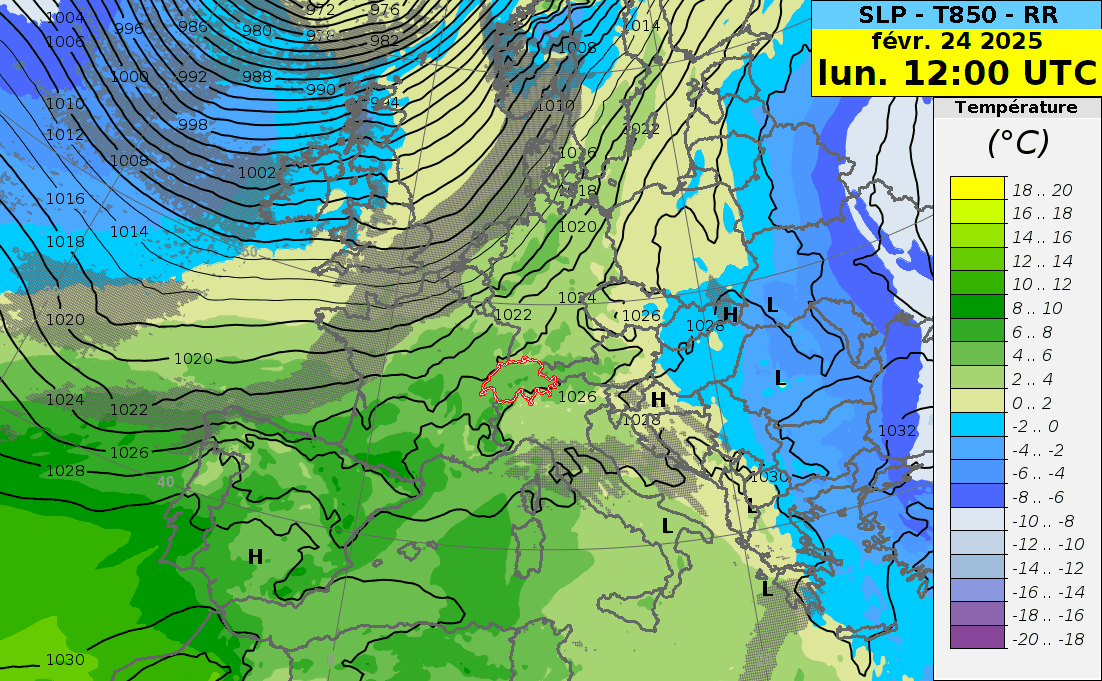 Animazione della temperatura a 850 hPa, della pressione ridotta a livello del mare e delle aree di precipitazione da lunedì 24 febbraio a giovedì 27 febbraio 2025. Modello IFS HRES.