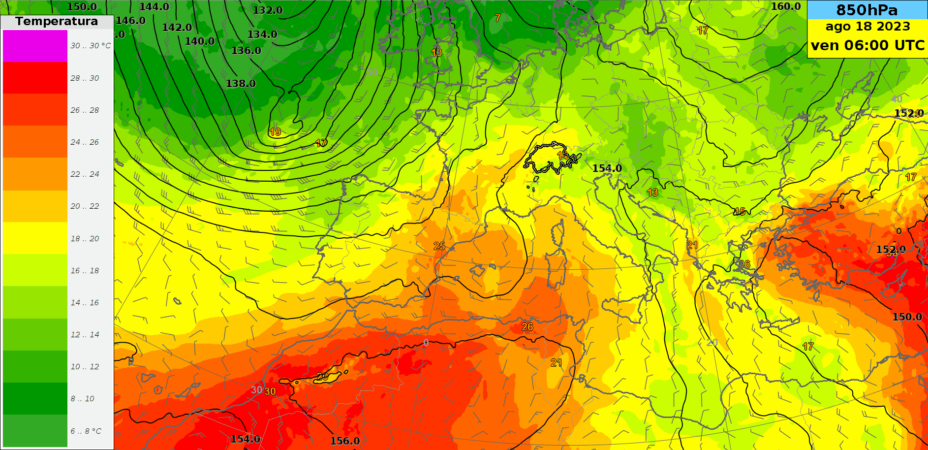 Figura 2: Animazione di geopotenziale (linee nere), temperatura (colori e cifre) e vento (barbule) a 850 hPa sull’Europa dal 18 al 24 agosto 2023.