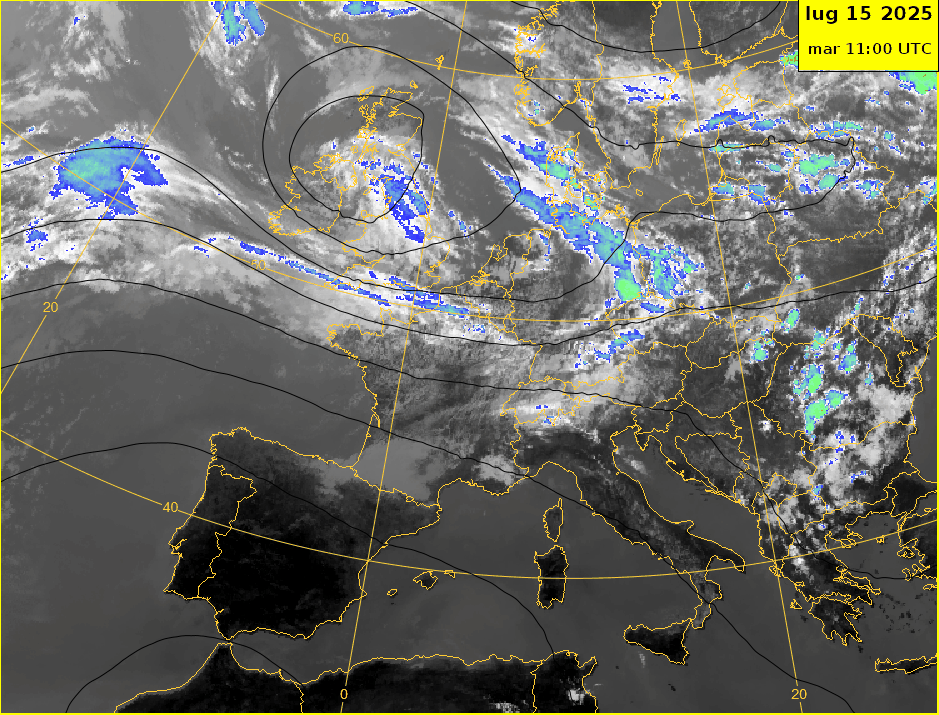 Animazione satellitare all’infrarosso mostra la distribuzione delle nuvole sopra l’Europa. Le linee nere rappresentano l'altezza geopotenziale a 500hPa e il colore indica le temperature alla sommità della nuvola quando esse sono inferiori a -30 gradi.