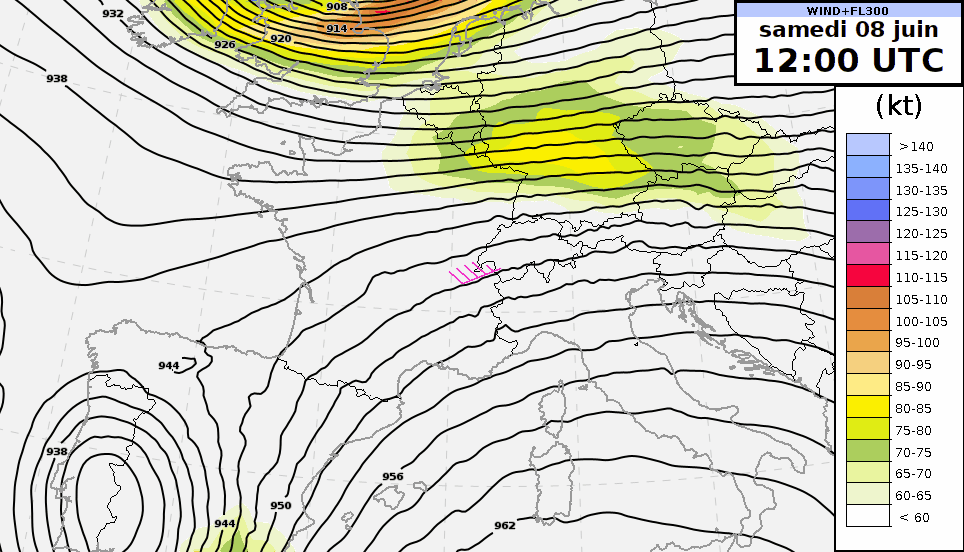 Evoluzione del geopotenziale (curve nere, in decametri) e dell'intensità del vento (aree colorate, in nodi) a 300 hPa, cioè intorno ai 9500 m di altitudine, da mezzogiorno di sabato a mezzanotte di domenica, previsti dal modello IFS, corsa di controllo.