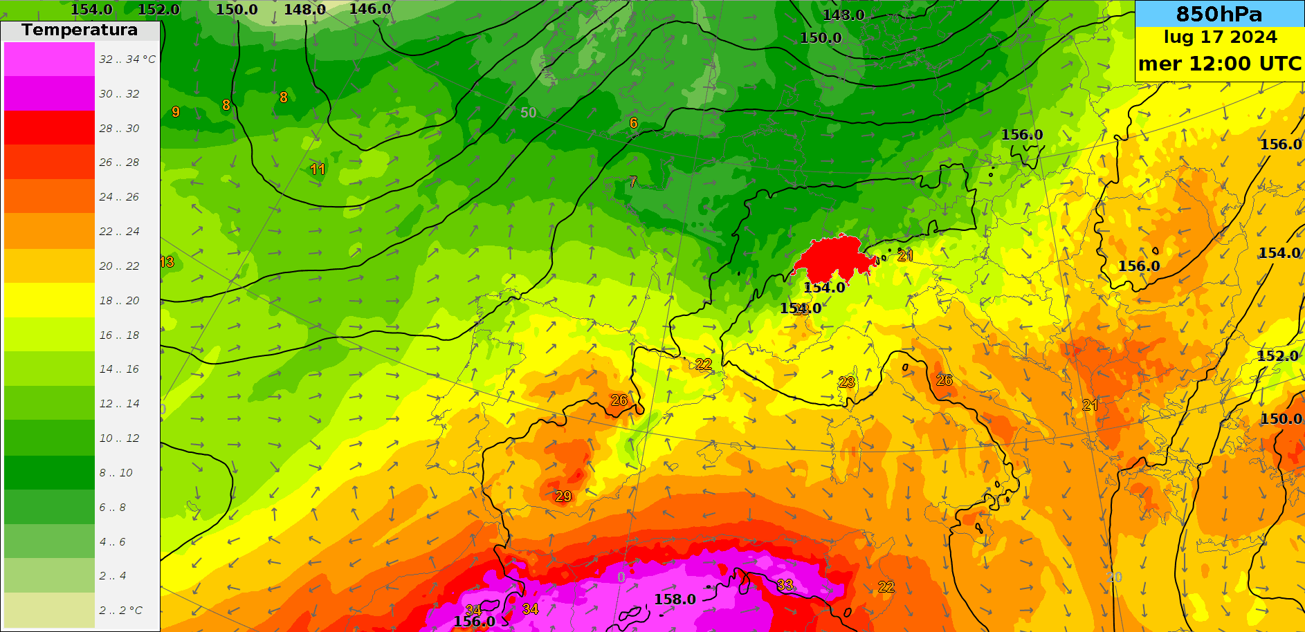 Figura 1: animazione del geopotenziale (linee nere), della temperatura (colori) e del vento (frecce) a circa 1500 metri di quota fra oggi mercoledì e domenica a mezzogiorno secondo il modello europeo ECMWF.