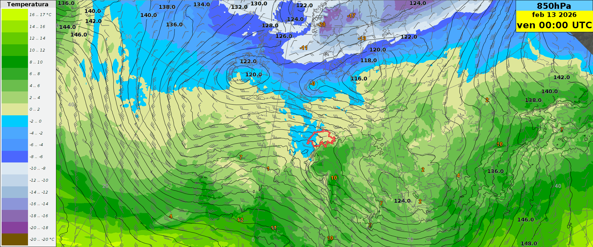 Animazione del passaggio di Oriana, depressione che dall’Atlantico raggiungerà il Mediterraneo entro sabato sera. In colori verdi e blu si nota la contrapposizione delle masse d’aria calde e fredde.