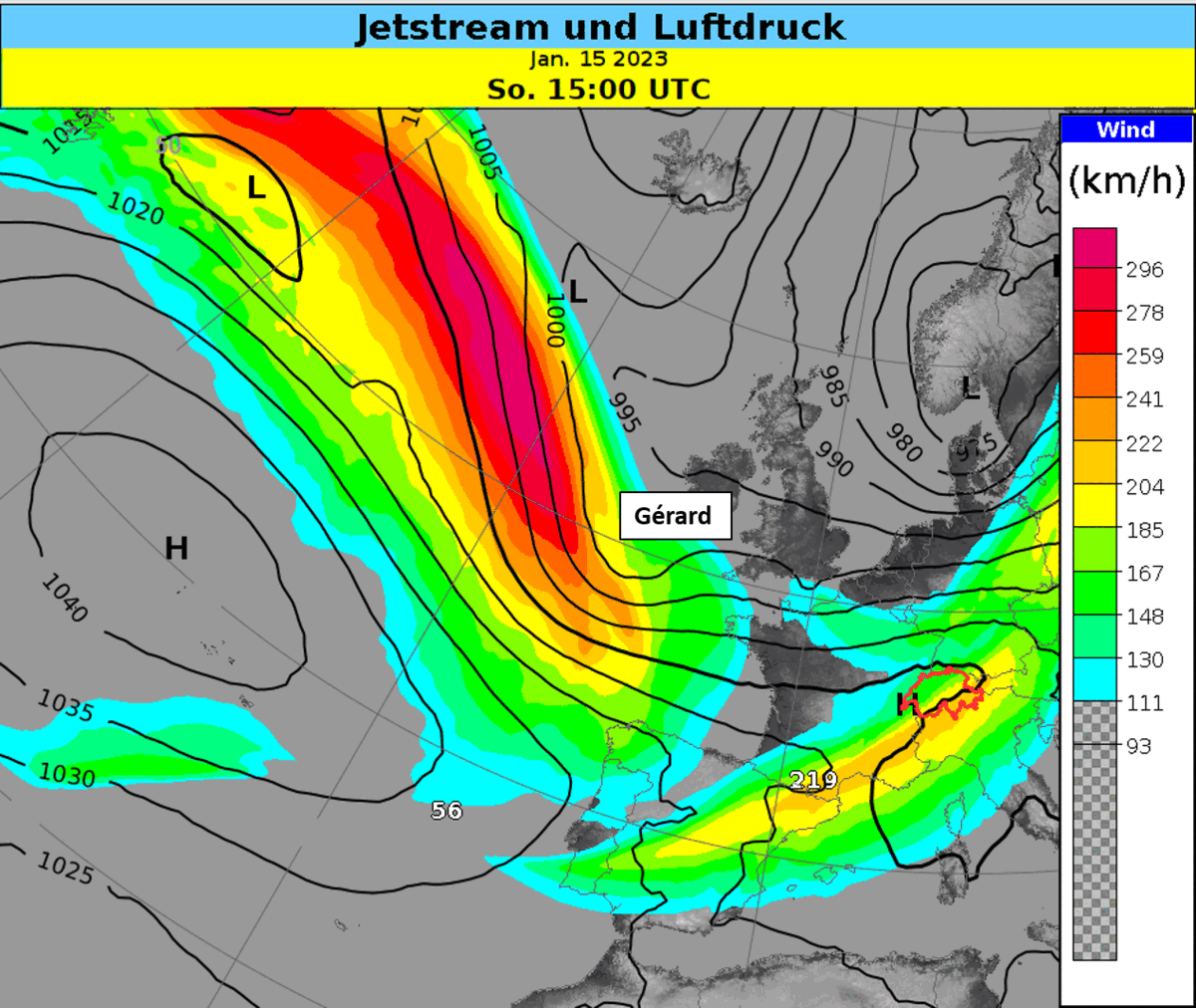 Figura 2: Ieri pomeriggio la tempesta invernale Gérard si trovava a ovest dell’Irlanda. Nell’immagine la distribuzione al suolo (isobare, linee nere), velocità del vento a 9 km (colori). La “left-exit region” si trova all’interno della zona indicata con il cerchio e la croce. Fonte: ECMWF / MeteoSvizzera