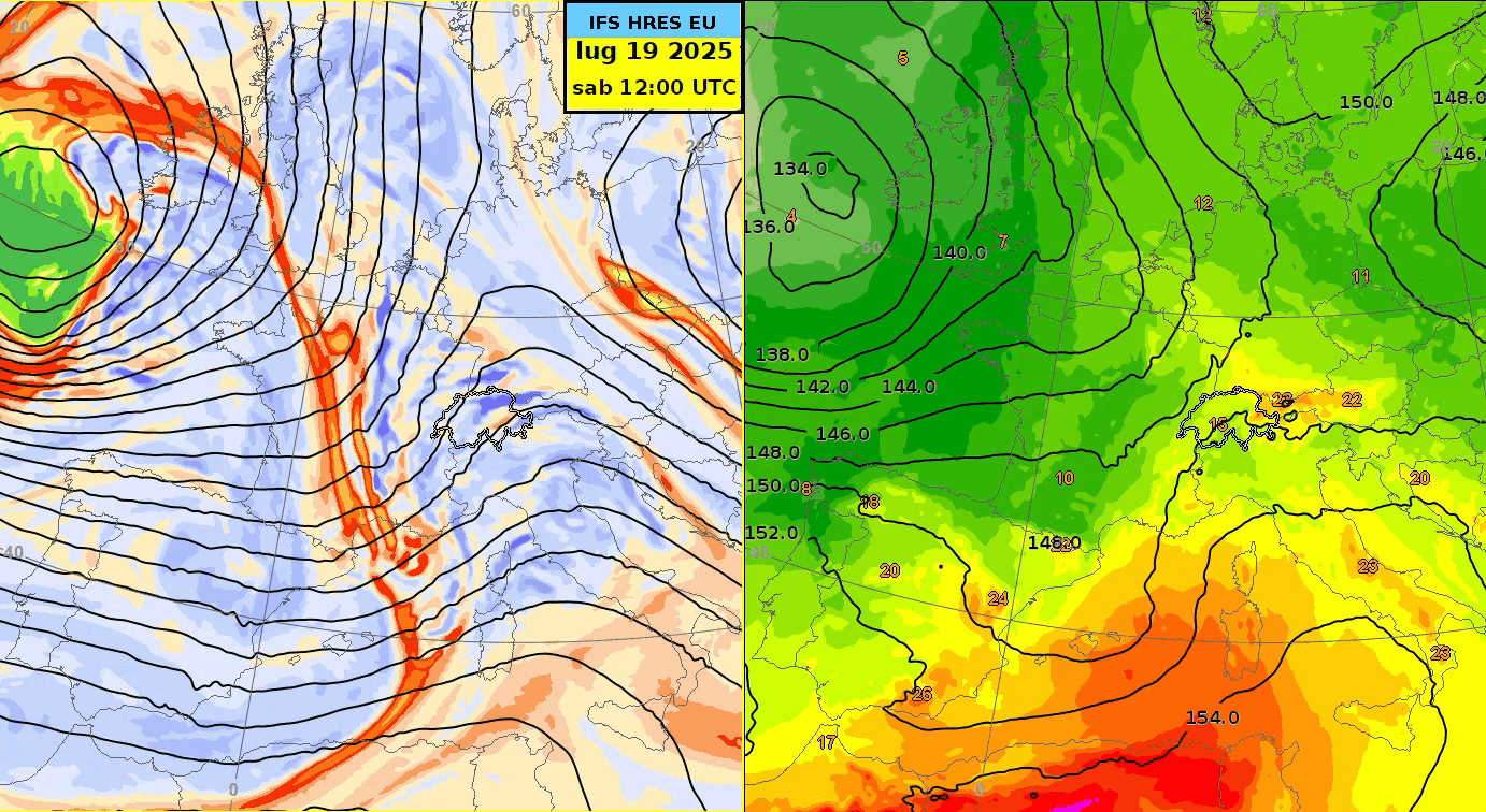 Fig. 1: animazione del modello IFS HRES. A sinistra potential vorticity a 300 hPa (isoaree) e geopotenziale a 500 hPa (isolinie), a destra geopotenziale (isolinie) e temperatura (isoaree) a 850 hPa. 