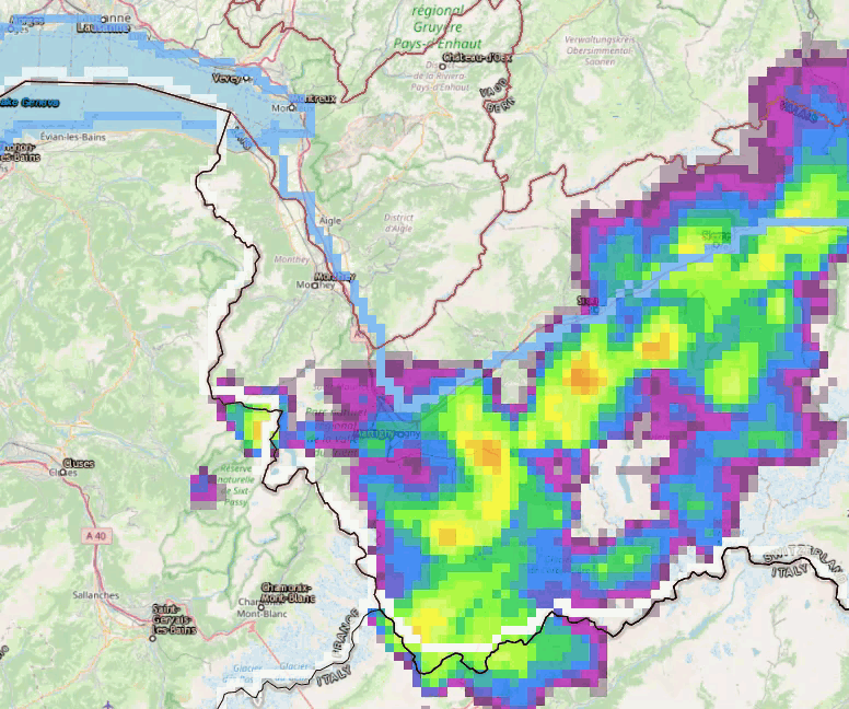 Animazione della riflettività radar che mostra l'intensità delle precipitazioni dalle 20:30 alle 21:50 circa del 1° luglio 2025.