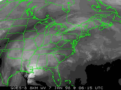 Animazione delle immagini satellitare dell'epoca - vapore acqueo (WV) - dal 7 al 9 gennaio 1998 (GOES).