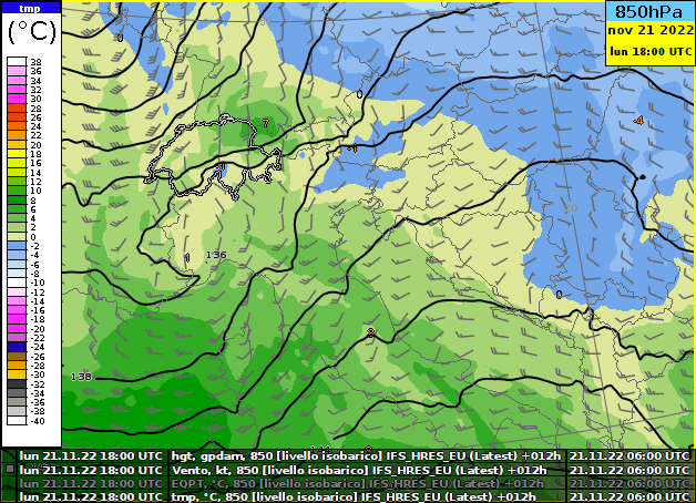 Animazione del geopotenziale (linee nere), della temperatura (colori) e del vento (barbule) a 850 hPa (circa 1400 metri di quota) per le prossime ore secondo il modello europeo IFS. Fonte: MeteoSvizzera.