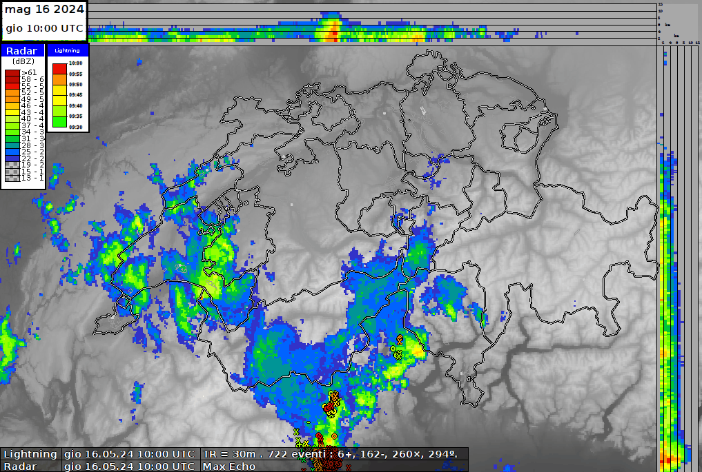 Figura 2: Animazione radar delle precipitazioni fra le 12 e le 16 di giovedì 16 maggio, all'inizio dell'ultima fase temporalesca. 