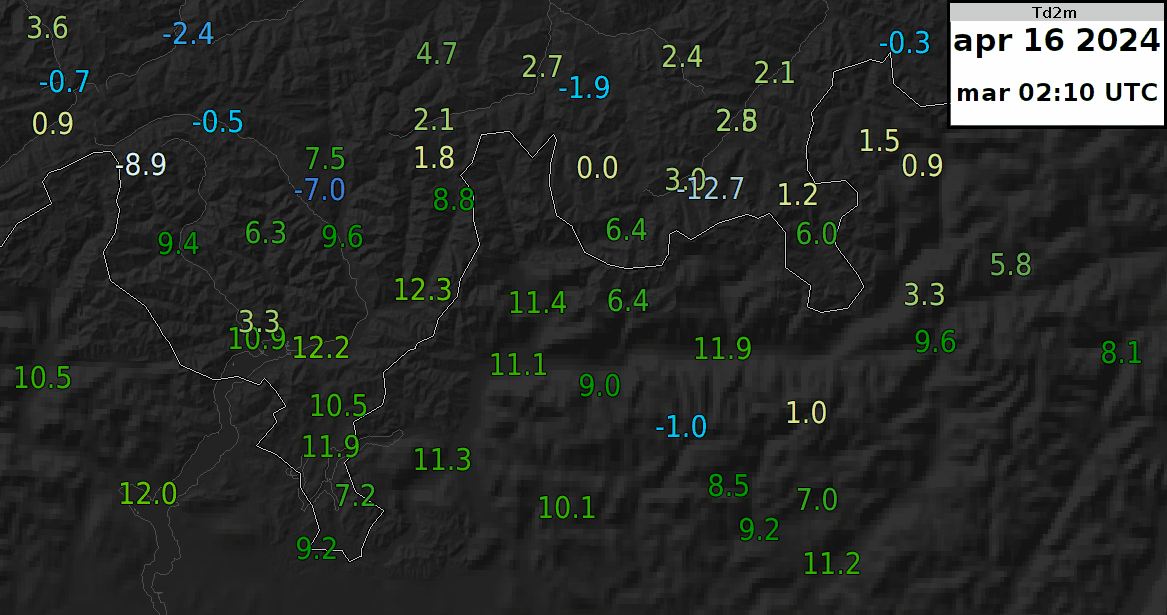 Fig. 4: animazione delle misure del punto di rugiada del 16.04.2024. Si nota molto bene come l’aria fredda arrivi da nord (netto calo dei valori) attraversando le vallate sudalpine per poi raggiungere anche le pianure