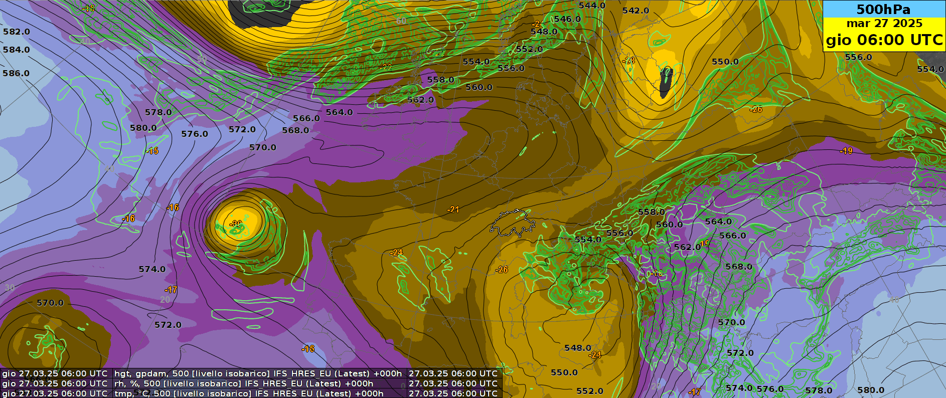 Figura 1: Animazione di altezza geopotenziale (in decametri, linee nere), temperatura (in °C, colori) e umidità relativa (linee verdi) a 500 hPa (circa 5500 metri) fra oggi giovedì 27 marzo e mercoledì prossimo 2 aprile. Sabato la zona di bassa pressione in quota sfiorerà le nostre regioni occidentali, per poi tuffarsi nel Mediterraneo. Dietro ad essa, l’anticiclone si espanderà sulle Alpi da ovest.
