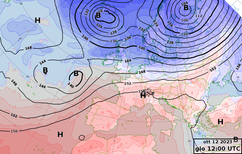 Fig. 4: la cartina del geopotenziale e della temperatura a 850 hPa, dal 12 al 16 ottobre, evidenzia l’irruzione di aria fredda da nord, poi da est sul versante sudalpino.
