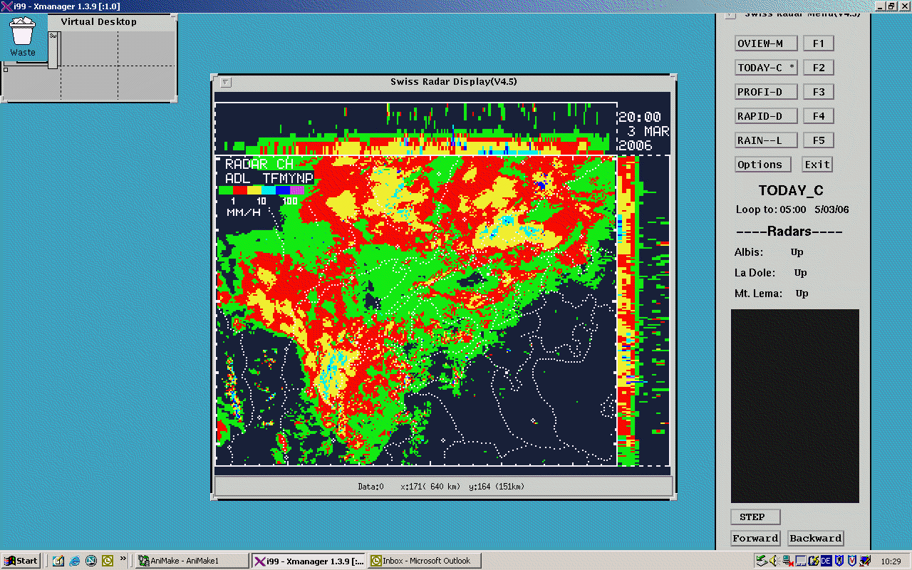 Animazione delle immagini radar dal 03.03.2006, 20 UTC al 05.03.2006, 5 UTC.