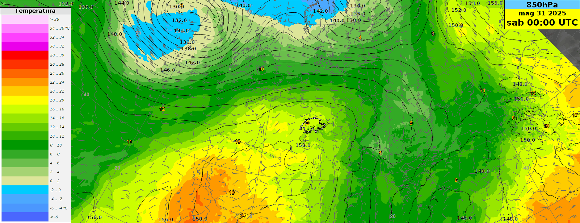 Geopotenziale (gpdm, isolinee) e temperatura (°C, aree colorate) a 850 hPa sull'Europa secondo il modello europeo oggi, 31.05.2025 alle 00 UTC fino a lunedì 02.06.2025 alle 00 UTC.