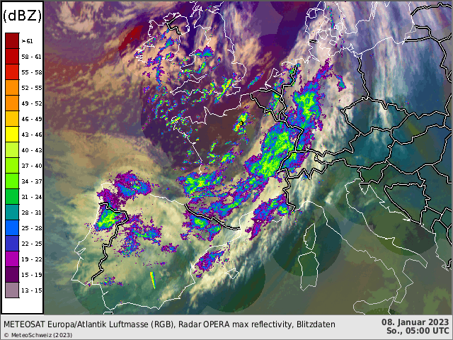 Figura 1: animazione satellitare con precipitazioni da radar (colori) di questa mattina: la perturbazione si avvicina alle Alpi e sul versante sudalpino iniziano le prime deboli precipitazioni. Fonte: Eumetsat / OPERA / MeteoSvizzera.