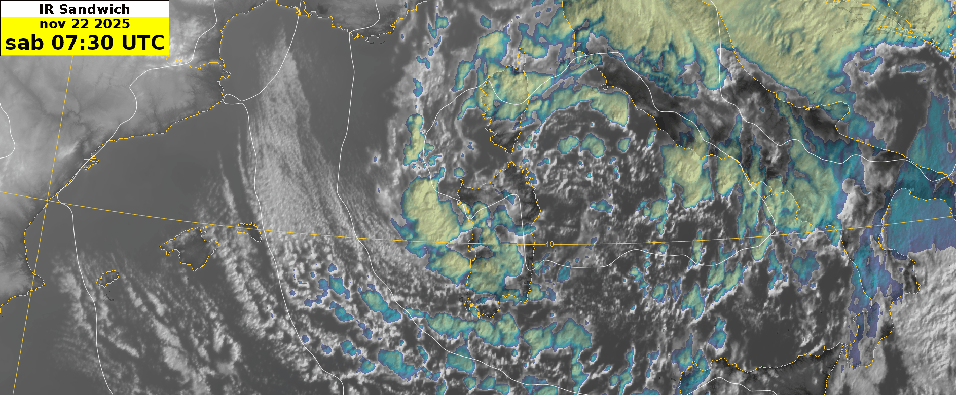 Prodotto "Sandwich" che evidenzia le nuvole convettive più sviluppate con una scala di colori. Nell'animazione è ben visibile la nuvolosità cumuliforme più sviluppata che dà origine ai rovesci e ai temporali nei pressi della Sardegna e della Corsica.