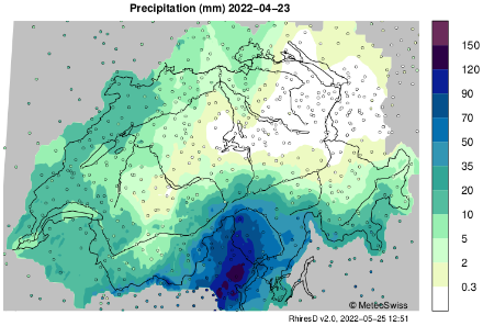 Fig. 2: Accumuli di precipitazione misurati nella giornata del 23 aprile 2022.