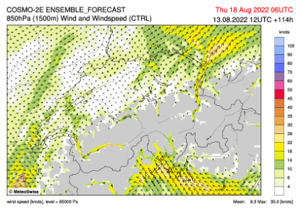 Fig. 4: previsione del vento a 850 hPa. Modello: COSMO-2E CTRL (deterministico), corsa delle 12 UTC del 13.08.2022.