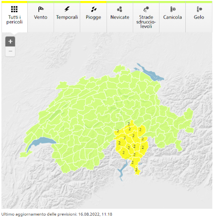 Fig. 5: cartina delle allerte di MeteoSvizzera. Stato: 16.08.2022. Fonte: MeteoSvizzera.