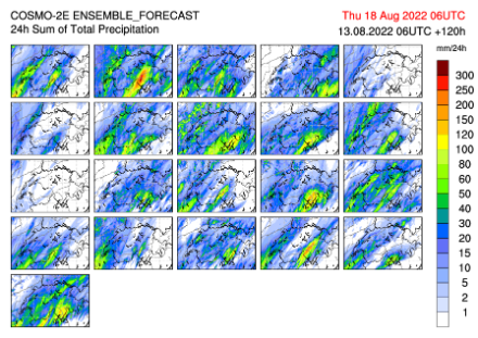 Fig. 3: previsione probabilistica (COSMO 2E, 21 membri) dell’accumulo di precipitazione tra mercoledì 17 agosto 2022 ore 06 UTC e giovedì 18 agosto ore 06 UTC.