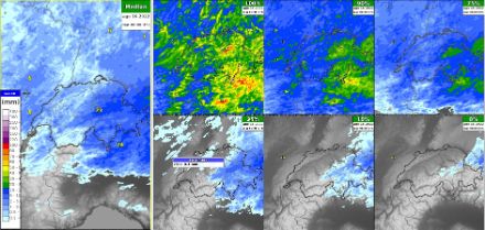 Fig 7: accumuli di precipitazione previsti dal modello COSMO-2E per la giornata di lunedì 15 agosto. Sono rappresentati i quantili della distribuzione dei membri ensemble della previsione: a sinistra la mediana, a destra 6 diversi quantili. 100% corrisponde al massimo dei membri dell'insieme, 0% al minimo.
Fonte: MeteoSvizzera.