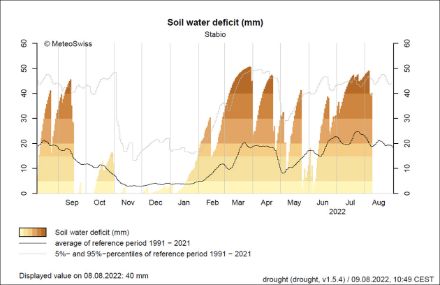 Fig. 1: Il deficit di acqua nel suolo calcolato per Stabio, rispetto alla norma 1991-2021 (Le colonne in marrone indicano il deficit idrico del terreno rispetto al terreno saturo = la capacità del terreno, cioè la quantità di acqua che il terreno è in grado di ritenere. Il deficit è riportato in mm, ciò che permette di trovare direttamente il quantitativo di pioggia necessario per saturare il terreno, rispettivamente la quantità di acqua che il terreno può ancora assorbire.)