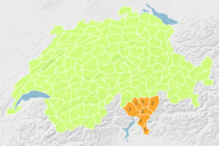 Fig. 5: Carta delle allerte della Confederazione aggiornata l'1.8.2022. Come descritto nel testo, l'allerta canicola riguarda per ora solo le basse quote sudalpine.