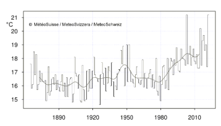 Grafico della temperatura per il periodo dal 1° maggio al 14 agosto nel sito di misurazione di Genève-Cointrin.