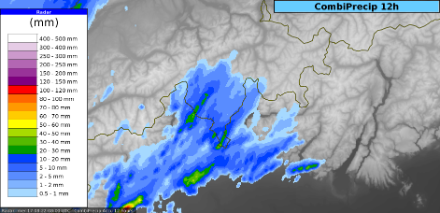 Figura 2: Precipitazioni stimate dal sistema CombiPrecip (integrazione dei dati radar e dei pluviometri al suolo) fra le 20 di mercoledì e le 8 di giovedì. Fonte: MeteoSvizzera.