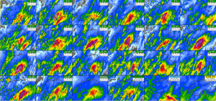 Figura 3: Accumuli di precipitazione simulati dai membri del modello probabilistico COSMO2E fra mercoledì alle 15 e giovedì alle 15. Fonte: MeteoSvizzera.