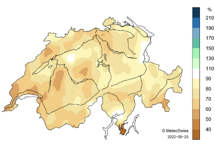 Fig. 4: Distribuzione spaziale della somma delle precipitazioni dell’estate 2022, espressa come percentuale della norma 1991-2020 (stato al 24 agosto).