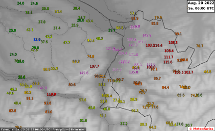 Fig. 3: Somma delle precipitazioni in 24 ore, in mm.