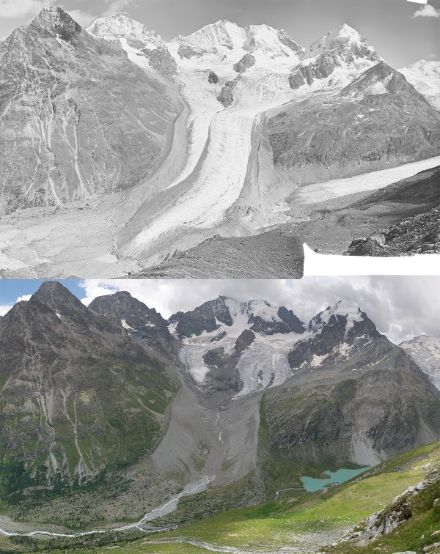 Fig. 4: Vista del Vadret da Tschierva e del Piz Roseg (cima di destra) dall'Alp Ota. In alto 1935, in basso 2022.