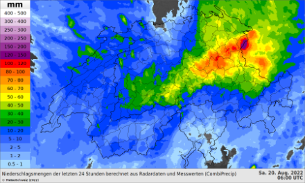 Fig. 1: Accumulo delle precipitazioni in 24 ore, da venerdì 19.08.2022 06:00 - sabato 20.08.2022 06:00. Stima basata sui dai dati radar e i rilevamenti dei pluviometri.