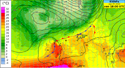 Fig 2: Distribuzione del geopotenziale e della temperatura a 850 hPa come previsti dal modello IFS per venerdì alle 18 UTC: La perturbazione temporalesca che si estende dal centro della Francia al Sud della Germania raggiungerà il Giura verso sera favorendo un aumento dell’instabilità nella regione alpina.