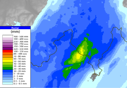 Fig. 1: Accumuli di pioggia registrati tra le 3 e le 6 del mattino di giovedì 18 agosto 2022. Nel Locarnese sono stati registrati localmente fino a 50 mm di pioggia nell’arco di sole tre ore.