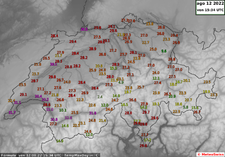 Fig 5: Temperature massime delle stazioni di MeteoSvizzera misurate il 12 agosto 2022. Fonte: MeteoSvizzera.