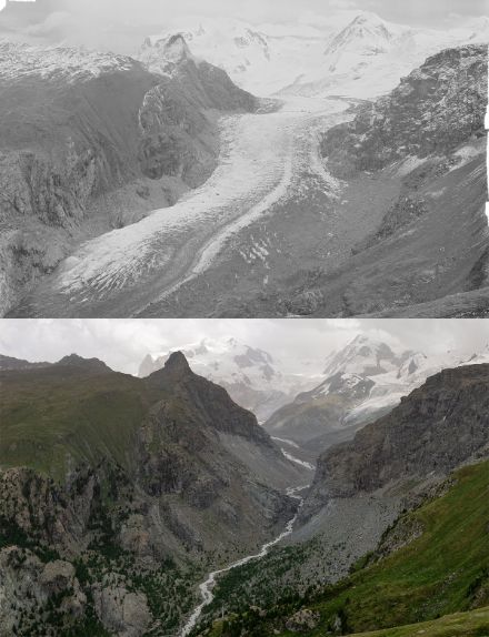 Fig. 3: Il ghiacciaio del Gorner e la regione del Monte Rosa visti dal Lago Nero. Sopra il 1930, sotto il 2022.